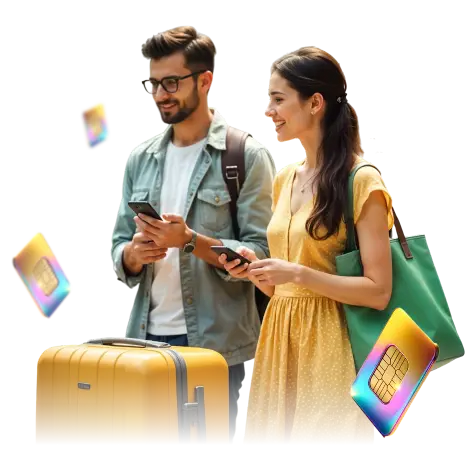 Smiling couple with smartphones and a suitcase, standing together while colorful eSIM cards float around them—representing a smooth and modern travel experience.